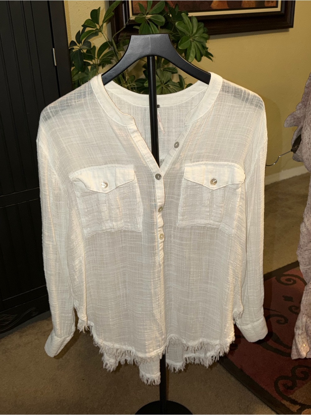 Free People Ivory Gauze Raw Hem Button Down Shirt